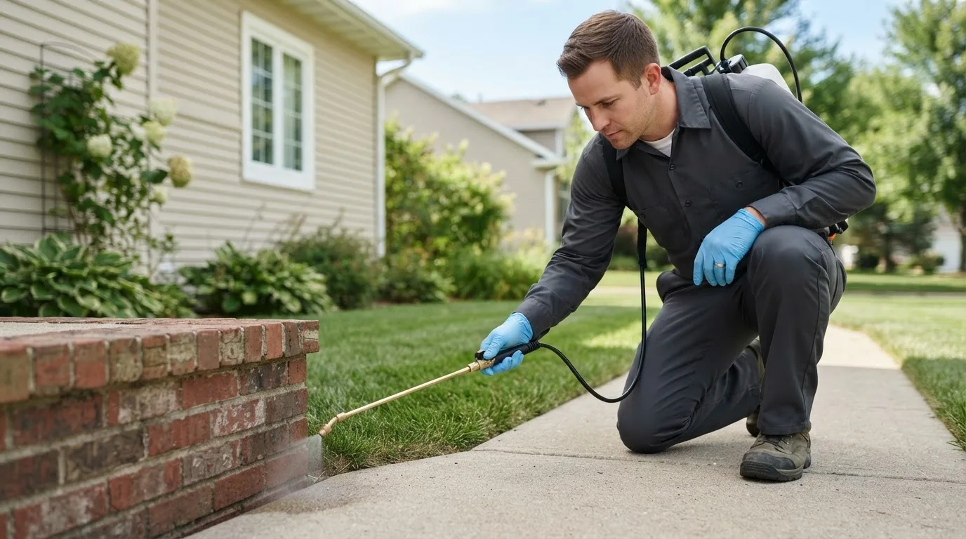 Pest control technician treating a home near Tangent, OR